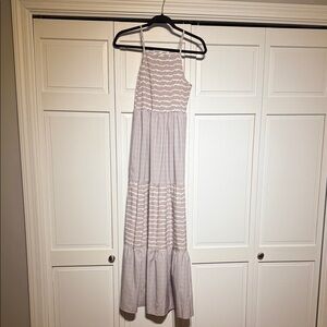 Tiered Spaghetti-Strap Maxi Dress in Light Taupe and White